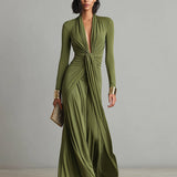 Coralie - Robe Maxi en Soie Olive à Décolleté en V