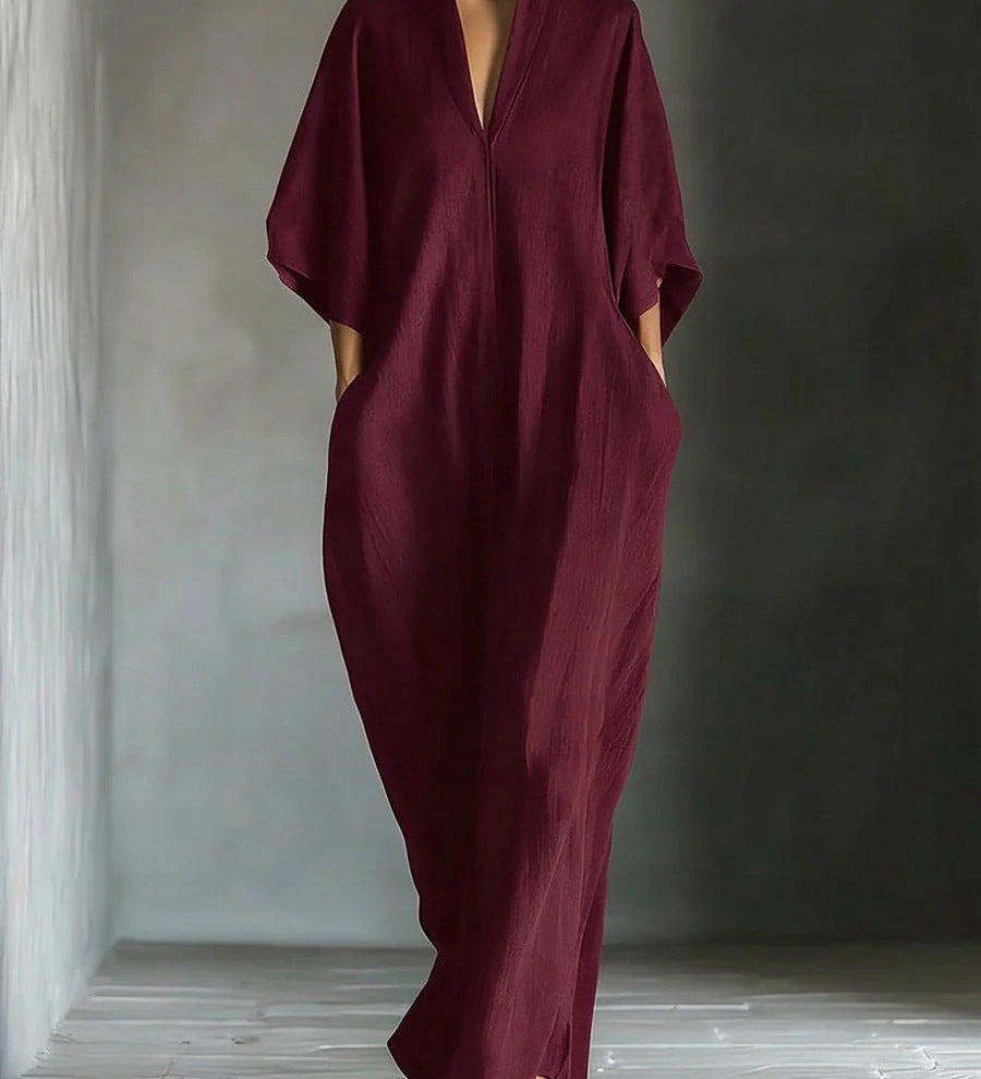 Aline - Robe longue avec manches 3/4 et décolleté en V