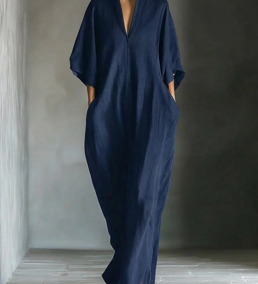 Aline - Robe longue avec manches 3/4 et décolleté en V