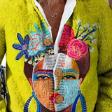 Martine - Cardigan à imprimé de portrait peint et boutons