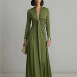Coralie - Robe Maxi en Soie Olive à Décolleté en V
