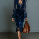 Estelle - Robe Midi en Velours avec Décolleté en V et Dentelle
