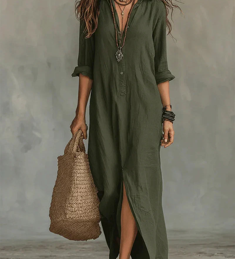Céline - Robe Maxi Noire Ample avec Boutons