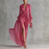 Aurore - Robe Chiffon Rose Col V
