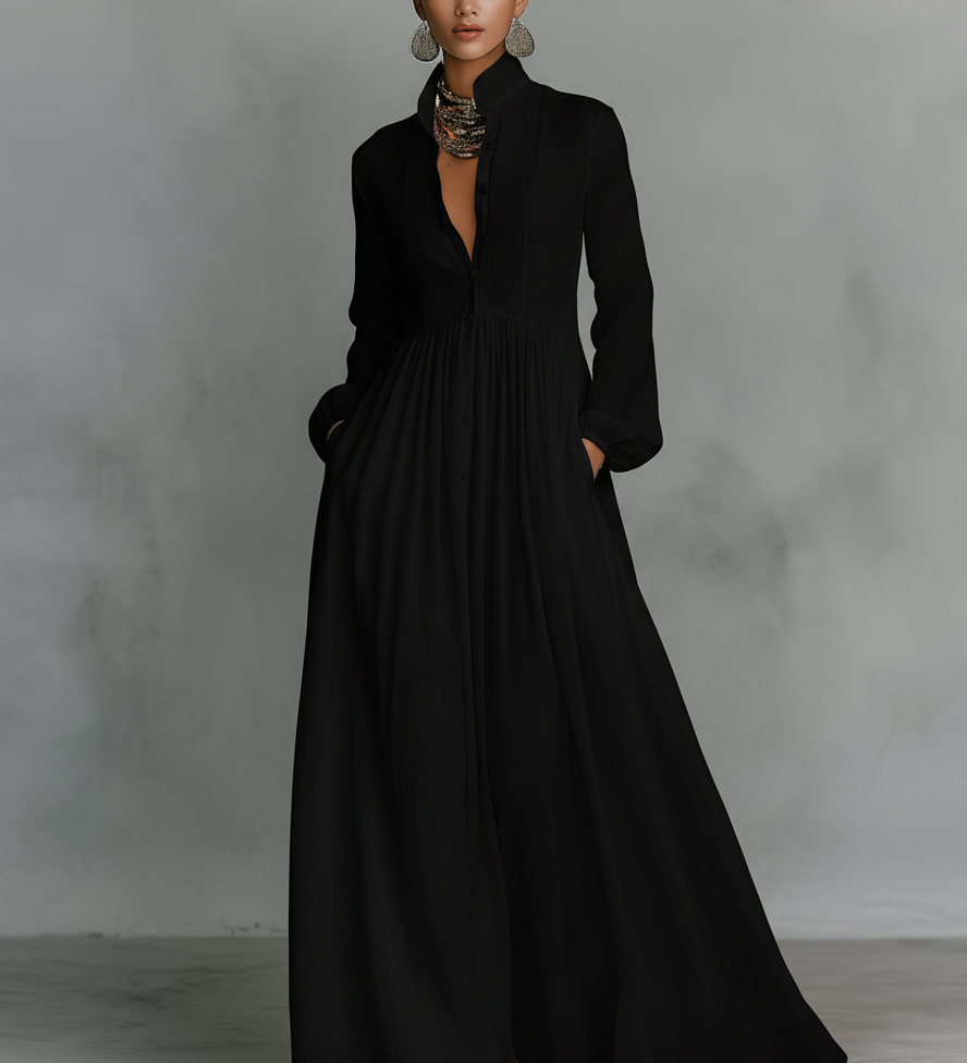 Béatrice - Robe Maxi en Lin Patchwork Col Montant