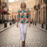 Agnès - Pull patchwork rose et turquoise