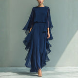 Clémence - Ensemble en Chiffon Bleu Marine avec Volants