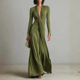 Coralie - Robe Maxi en Soie Olive à Décolleté en V