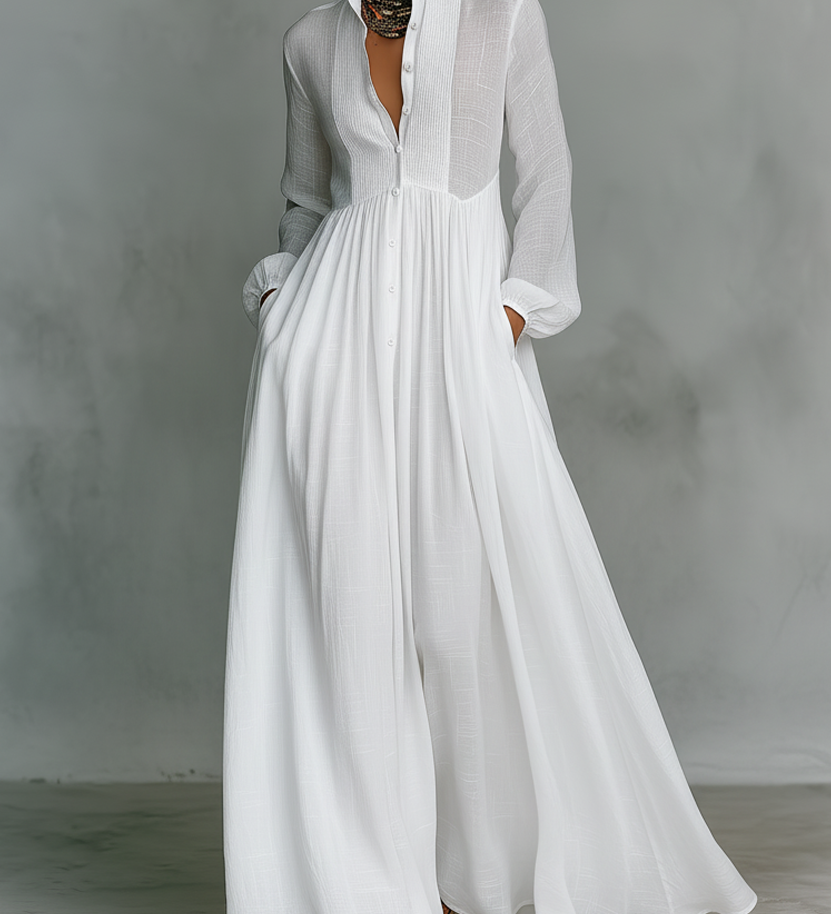 Béatrice - Robe Maxi en Lin Patchwork Col Montant