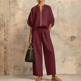 Aline - Ensemble de deux pièces : Chemise de style décontracté et pantalon à jambe large