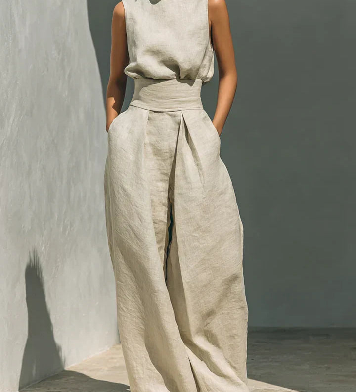 Fleur - Ensemble minimaliste de blouse sans manches et pantalon à jambes larges en coton et lin pour femme