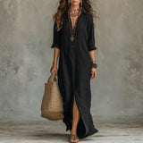 Céline - Robe Maxi Noire Ample avec Boutons
