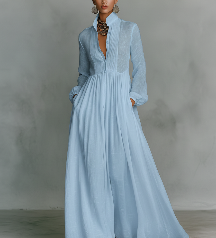 Béatrice - Robe Maxi en Lin Patchwork Col Montant