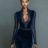 Estelle - Robe Midi en Velours avec Décolleté en V et Dentelle