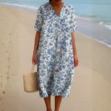 Magnolia - Robe en Ivoire Décorée d'Accents Floraux en Bleu Porcelaine