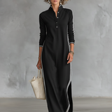 Eugénie - Robe Maxi en Sweat avec Col Boutonné