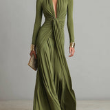 Coralie - Robe Maxi en Soie Olive à Décolleté en V
