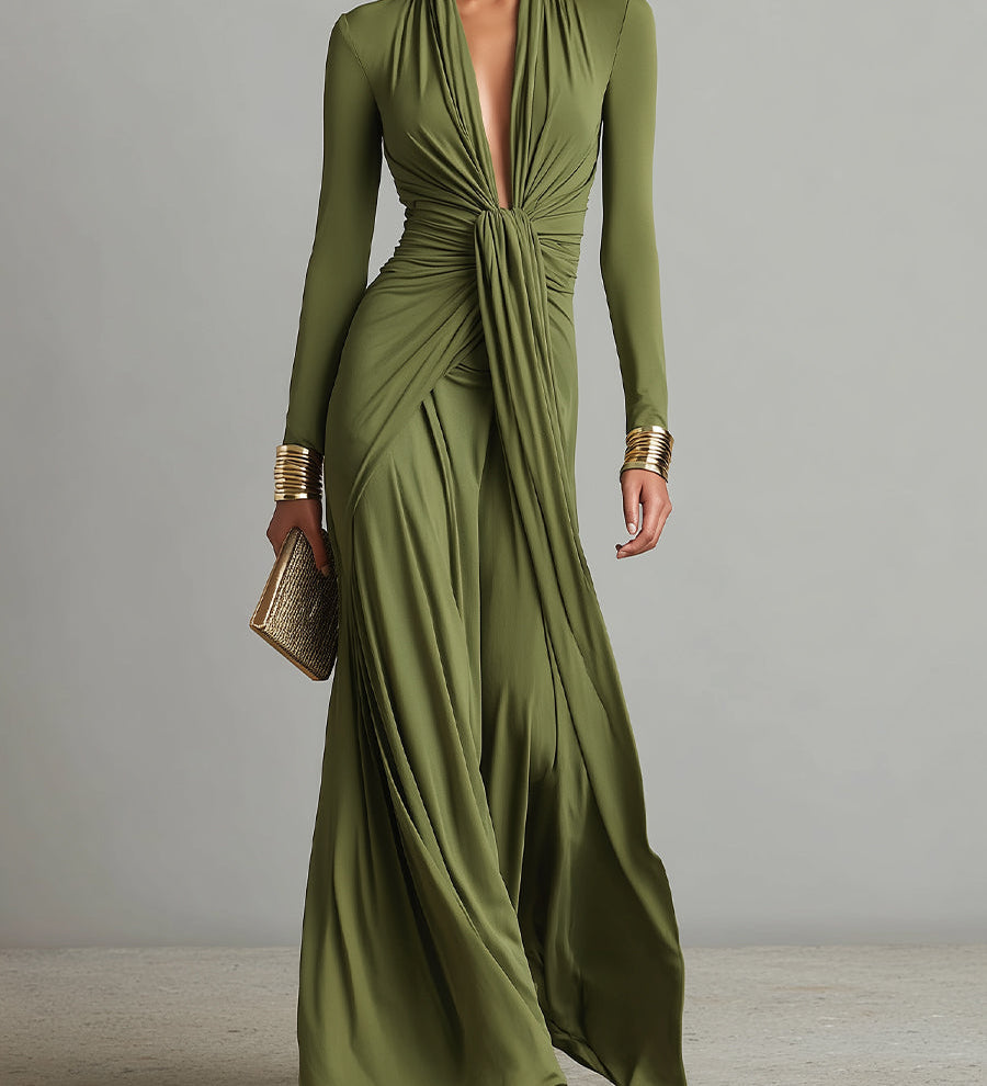 Coralie - Robe Maxi en Soie Olive à Décolleté en V