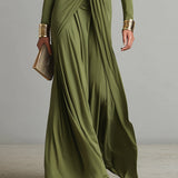 Coralie - Robe Maxi en Soie Olive à Décolleté en V