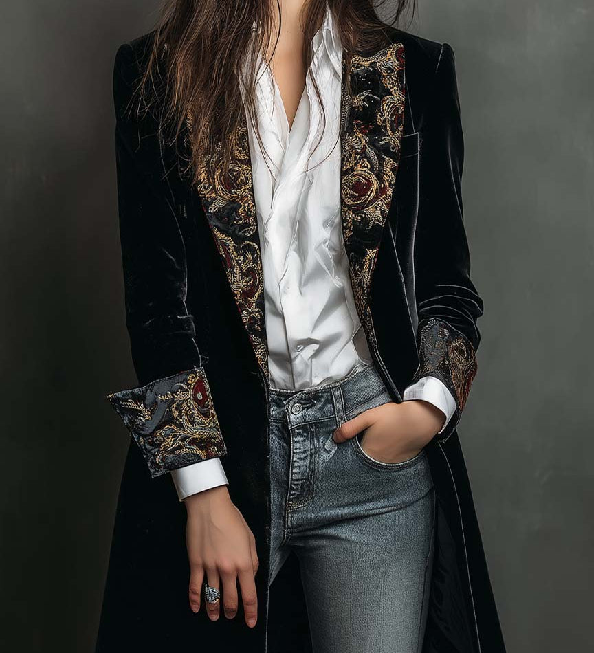 Léontine - Blazer Noir Baroque Imprimé Ajusté