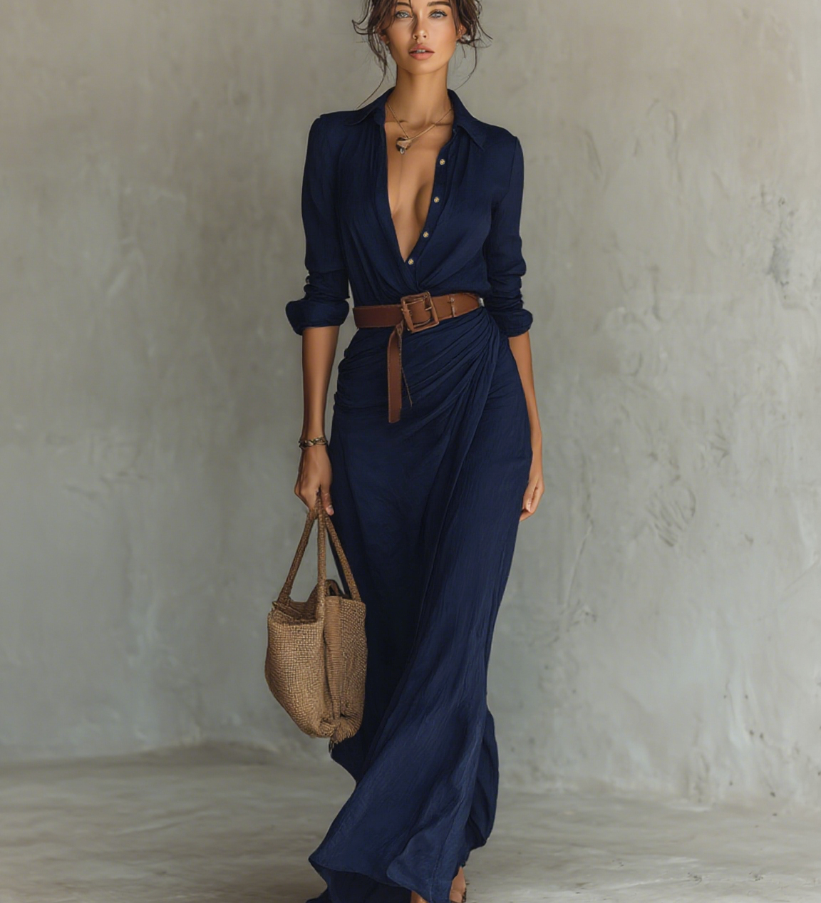 Capucine - Robe maxi à col revers à manches longues