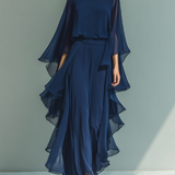 Clémence - Ensemble en Chiffon Bleu Marine avec Volants
