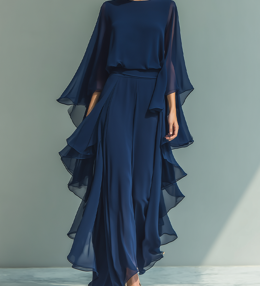 Clémence - Ensemble en Chiffon Bleu Marine avec Volants