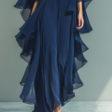 Clémence - Ensemble en Chiffon Bleu Marine avec Volants