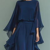 Clémence - Ensemble en Chiffon Bleu Marine avec Volants