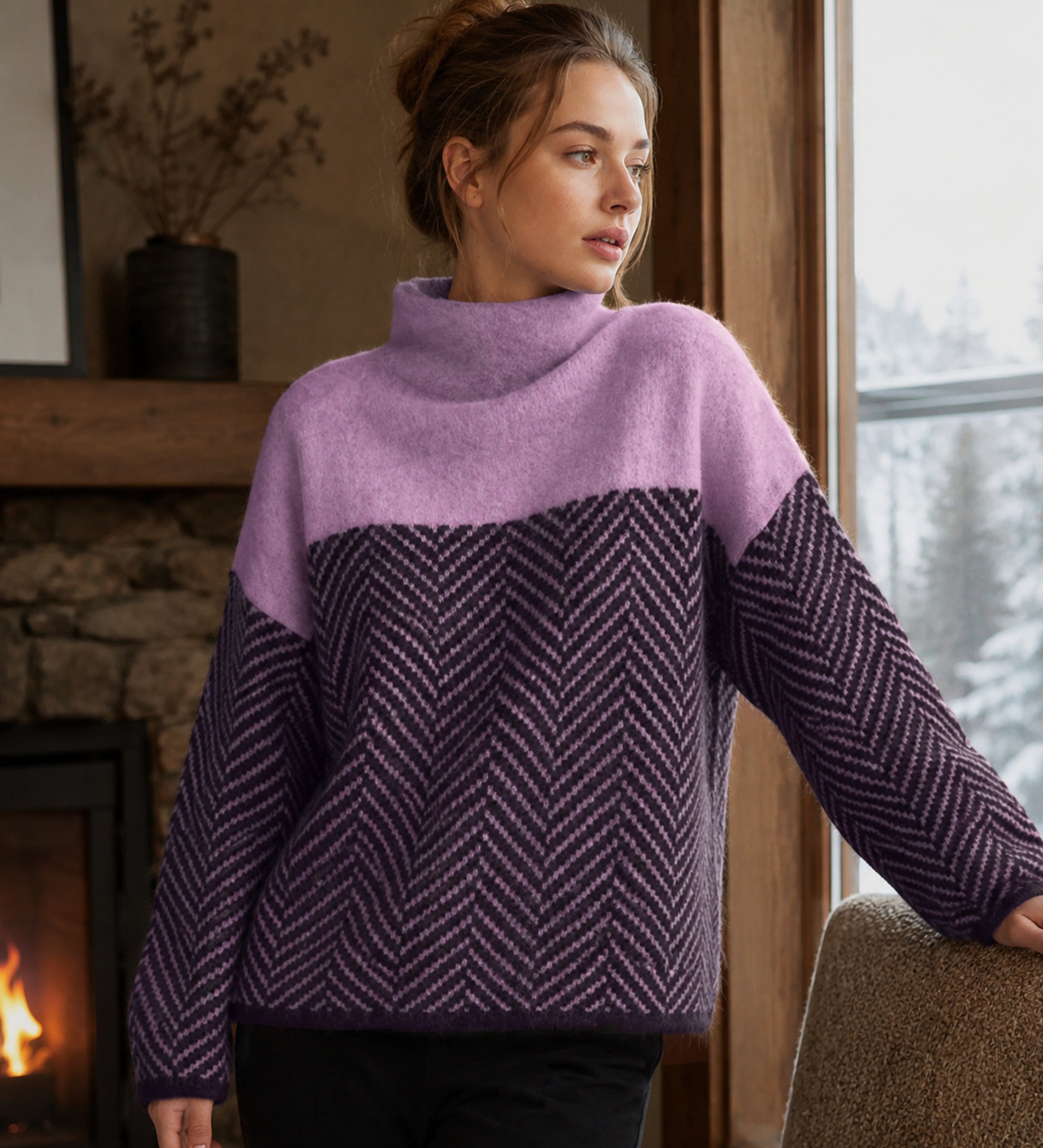 Arla - Pull à Col Roulé avec Coupe Ample et Motif Chevron Tendance