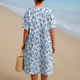 Magnolia - Robe en Ivoire Décorée d'Accents Floraux en Bleu Porcelaine