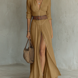 Adèle - Robe maxi en lin avec col revers à manches longues