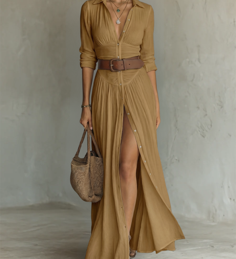 Adèle - Robe maxi en lin avec col revers à manches longues