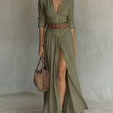 Adèle - Robe maxi en lin avec col revers à manches longues