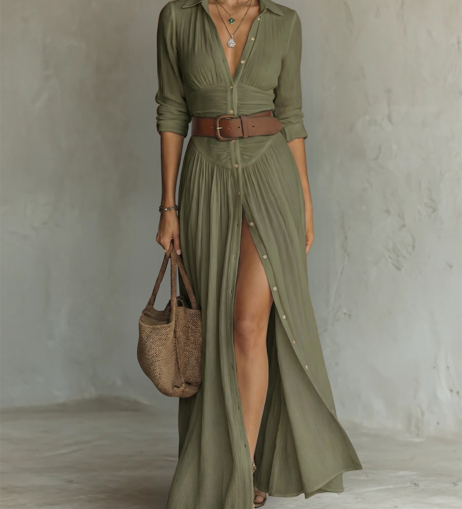 Adèle - Robe maxi en lin avec col revers à manches longues
