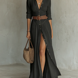 Adèle - Robe maxi en lin avec col revers à manches longues