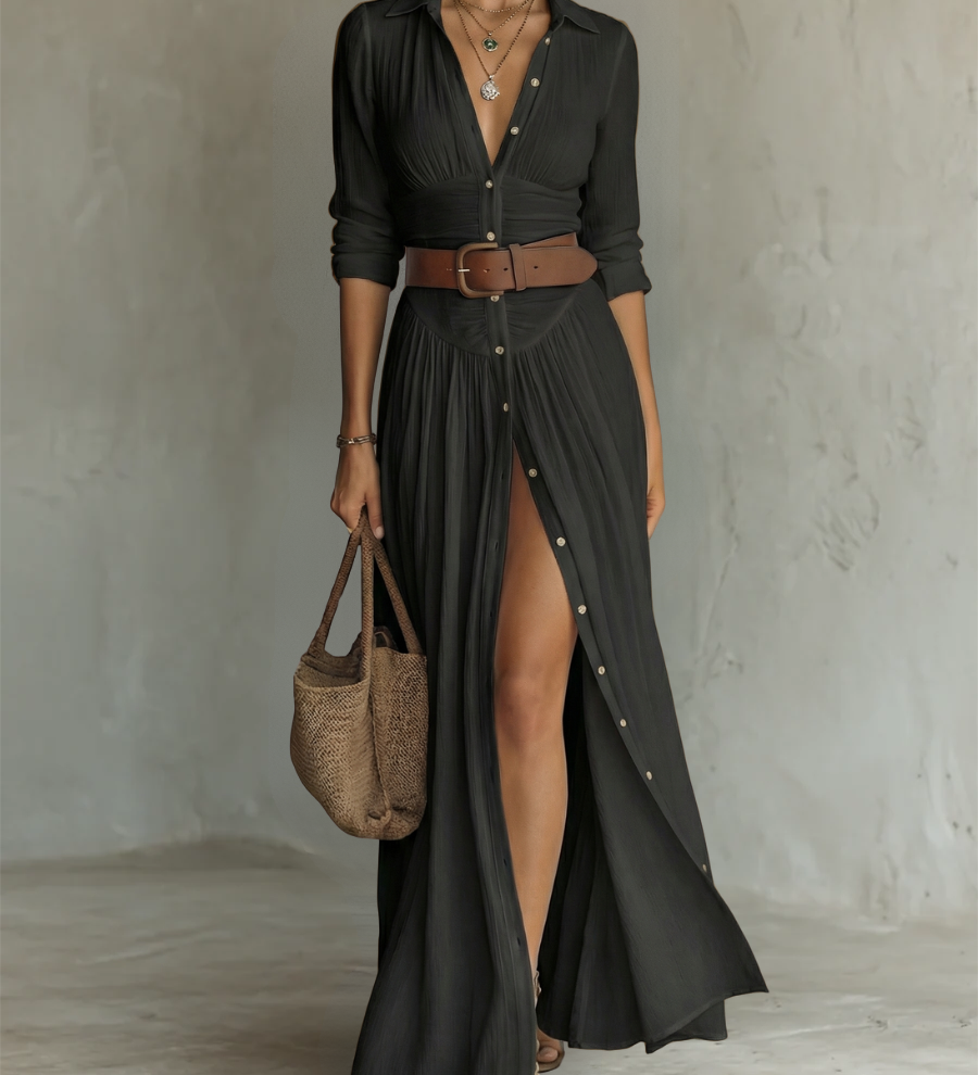 Adèle - Robe maxi en lin avec col revers à manches longues