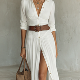 Adèle - Robe maxi en lin avec col revers à manches longues