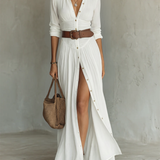 Adèle - Robe maxi en lin avec col revers à manches longues