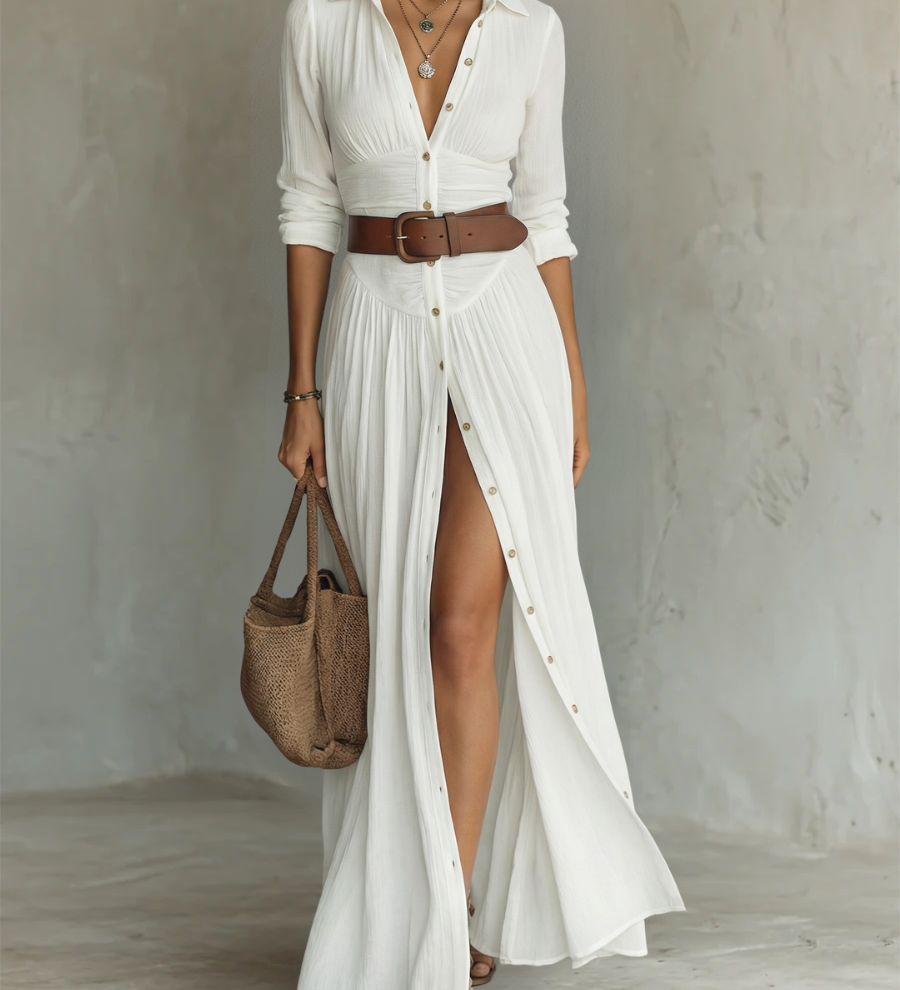 Adèle - Robe maxi en lin avec col revers à manches longues