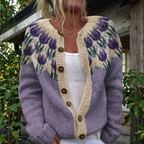 Joëlle - Cardigan à imprimé de fleurs violettes et boutons