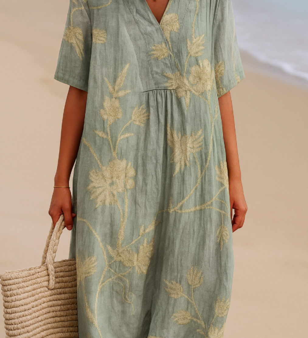 Clémentine - Robe Bleu-Gris avec Broderie Florale