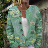 Hélène - Cardigan à imprimé aquarelle de nénuphars et boutons