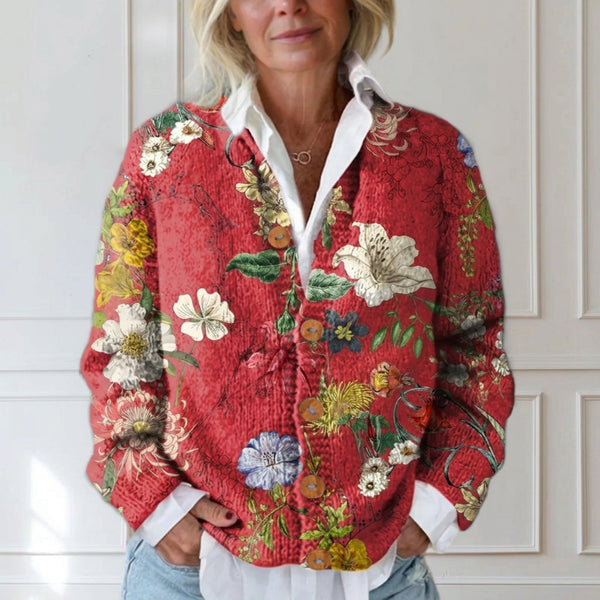 Émilienne - Cardigan rétro à imprimé floral et boutons