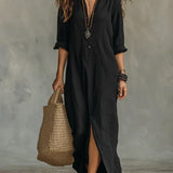 Céline - Robe Maxi Noire Ample avec Boutons