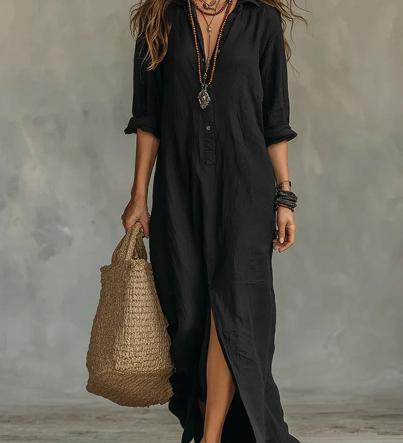 Céline - Robe Maxi Noire Ample avec Boutons