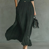 Elvire - Robe Plissée Longue avec Revers et Taille Haute