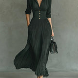 Elvire - Robe Plissée Longue avec Revers et Taille Haute