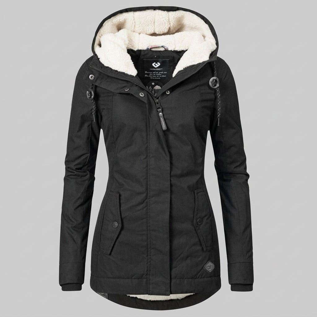 Camille – Manteau femme plissé à capuche doublée, chaud et confortable