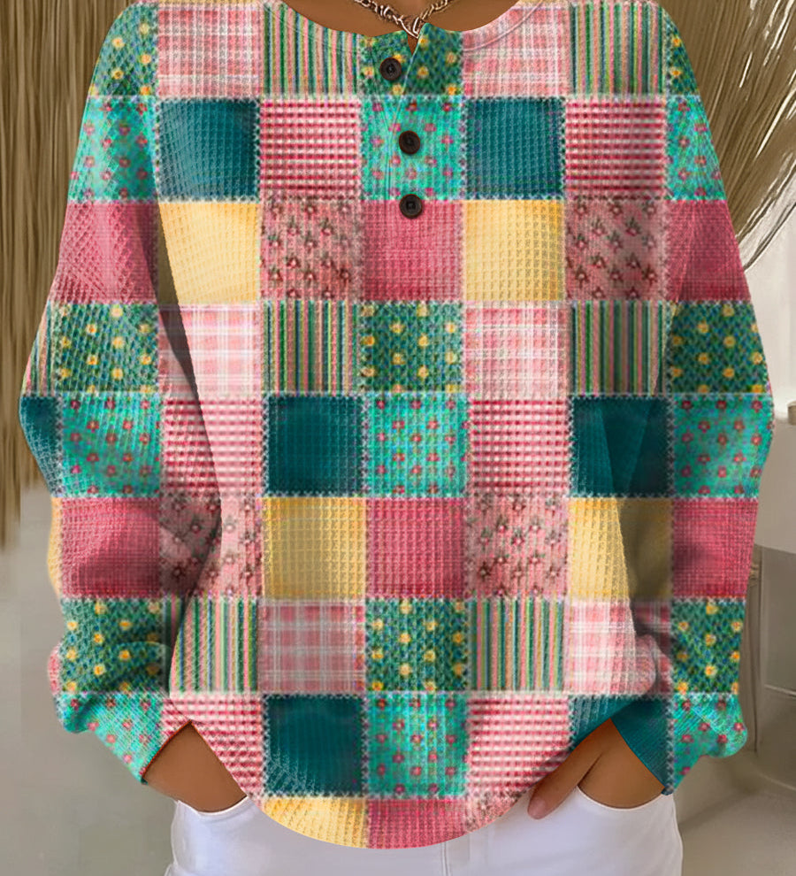 Agnès - Pull patchwork rose et turquoise